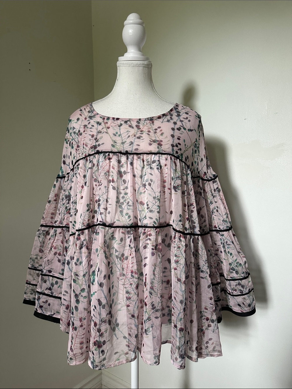 GABBY ISABELLA Pink Sheer Floral Tiered Flowy Cottagecore Boho Blouse Large